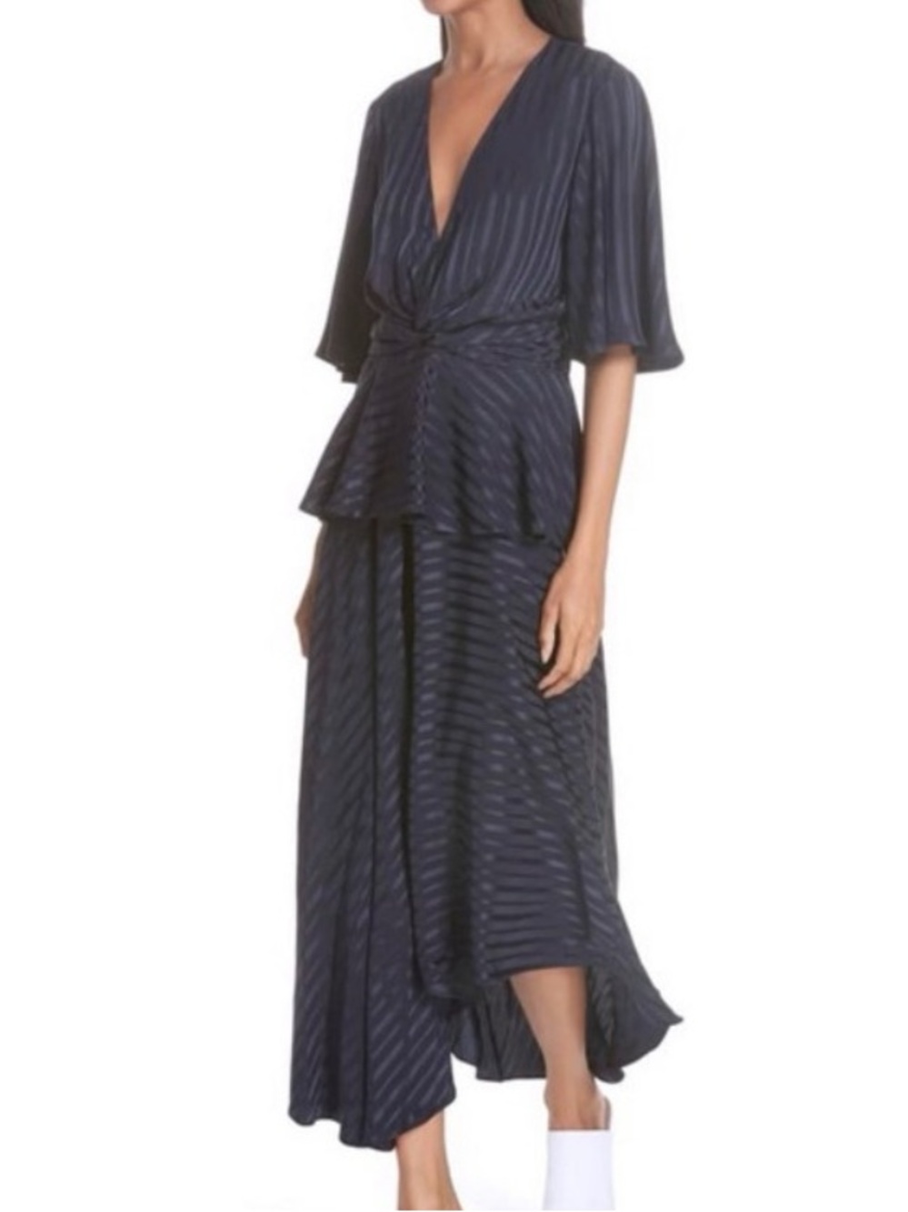 A.L.C. Avi Silk Peplum Midi Dress Navy Blue Tonal Stripe Size 0